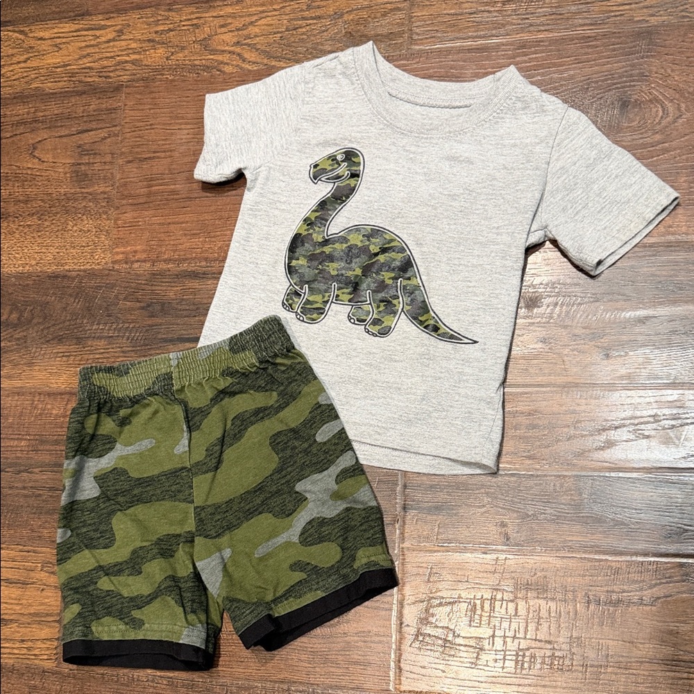 Kids Gray Tee & Green Camo Shorts Set - Dino Graphic